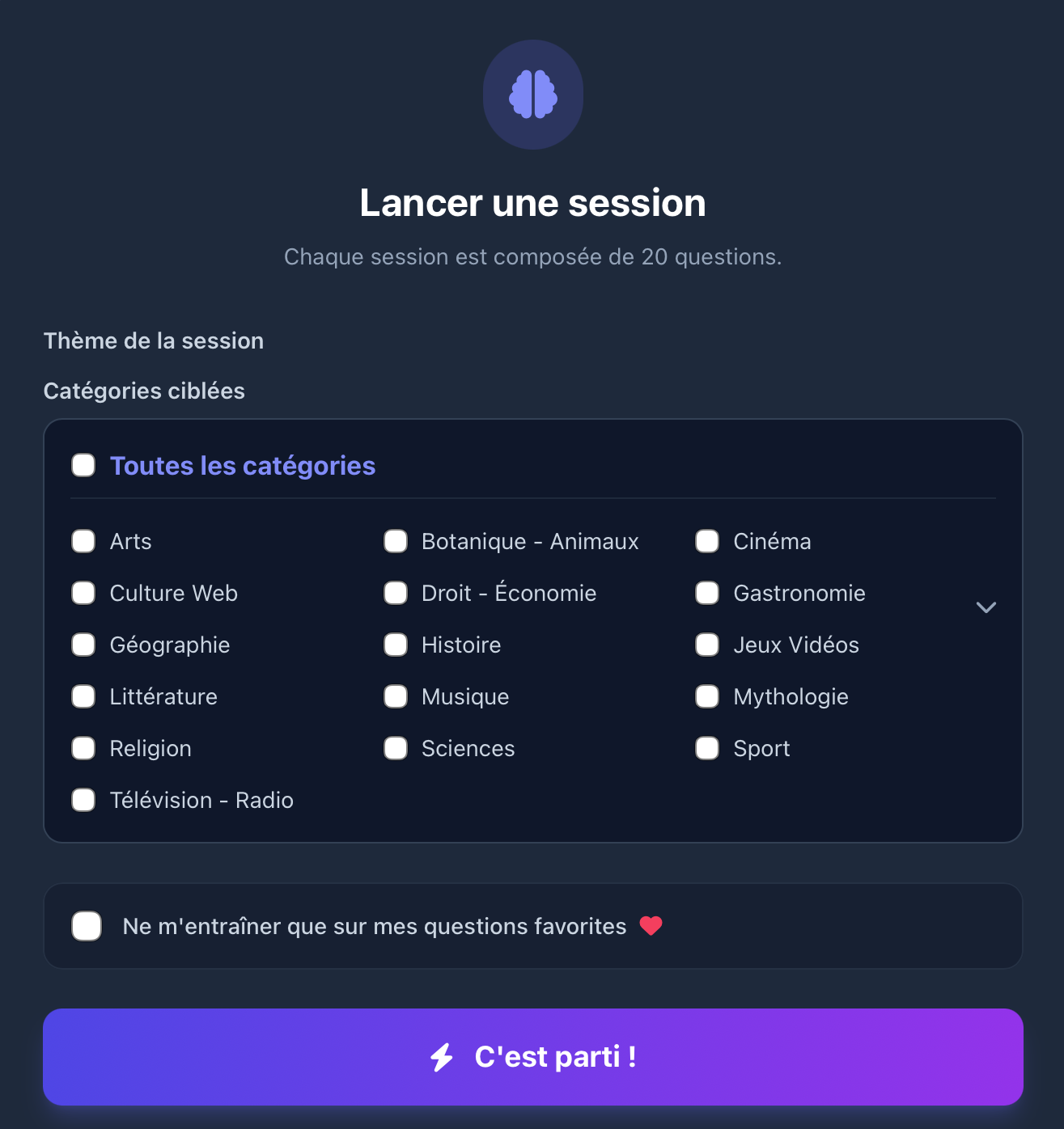 Menu de l'entraînement